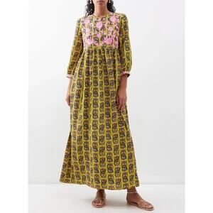 Muzungu Sisters Touba Yellow Embroidered Silk Bali Mask Dress Size Medium